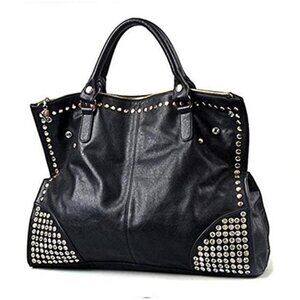 Black Vegan Leather Rivet Satchel Tote Top Handle Shoulder Bag Adjustable Strap